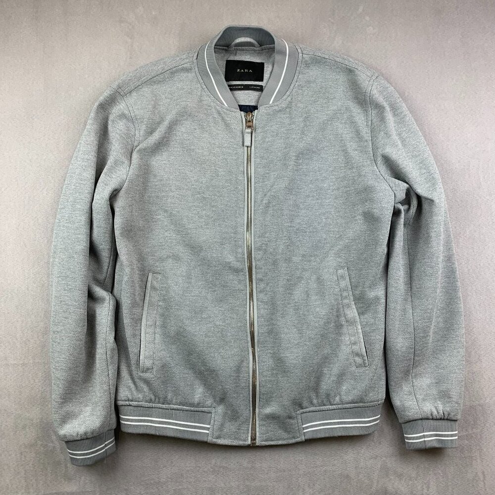 Zara Mens Bomber Jacket Medium Gray Full Zip Long Sleeve Varsity Striped Trim
